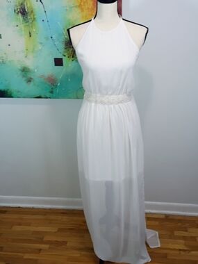 Marineblu Halter Neck Backless White Sheer Maxi Dress with Beaded Waist